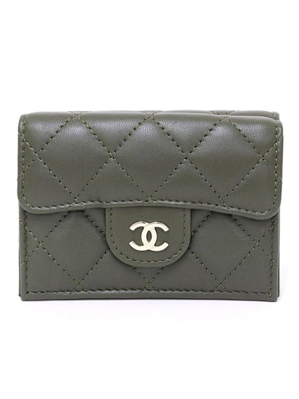 Chanel Classic Small Flap Wallet Trifold Quilted CC Logo Leather Khaki